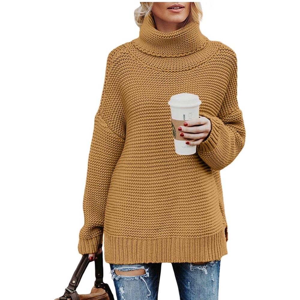 Womens Turtleneck Long Sleeve Chunky Knit Pullover